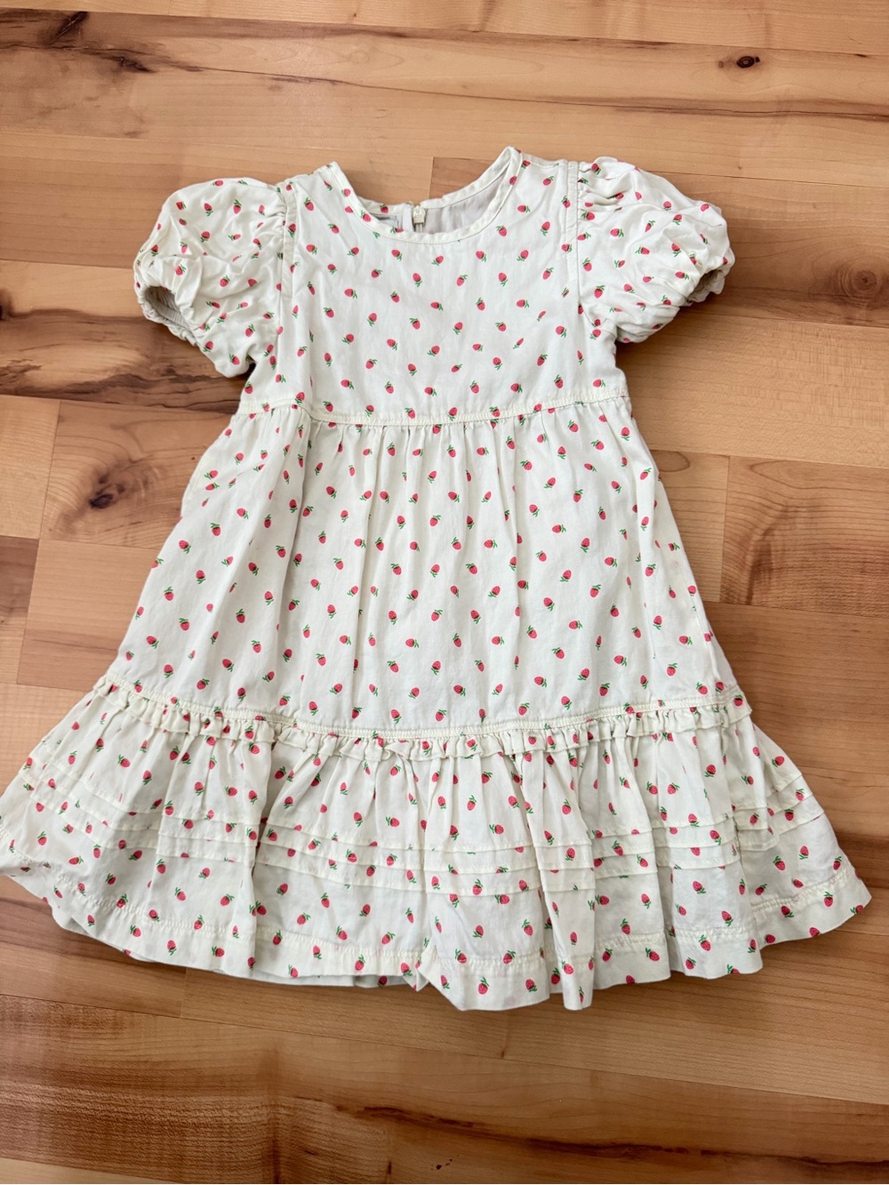 Girls' Cream Strawberry Print Ruffle Summer Dress